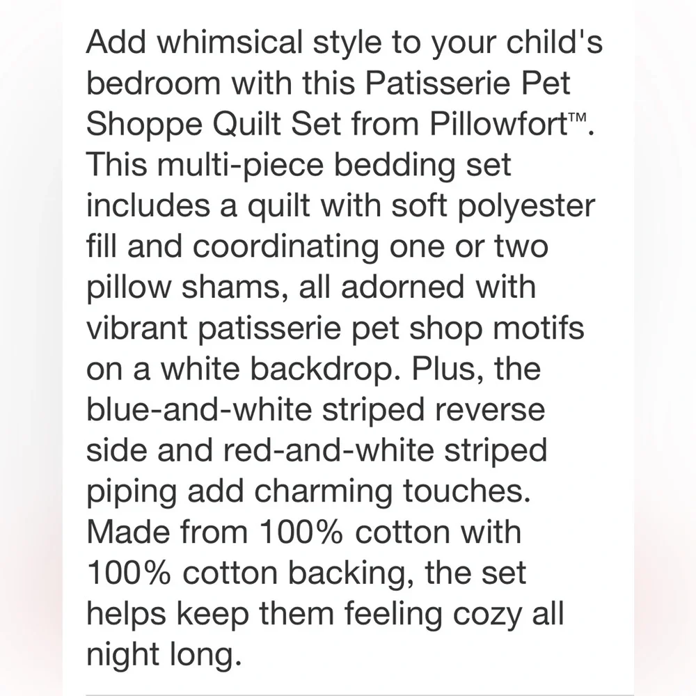 PILLOWFORT NWT patisserie pet Shoppe Kids' Quilt Set -full/queen